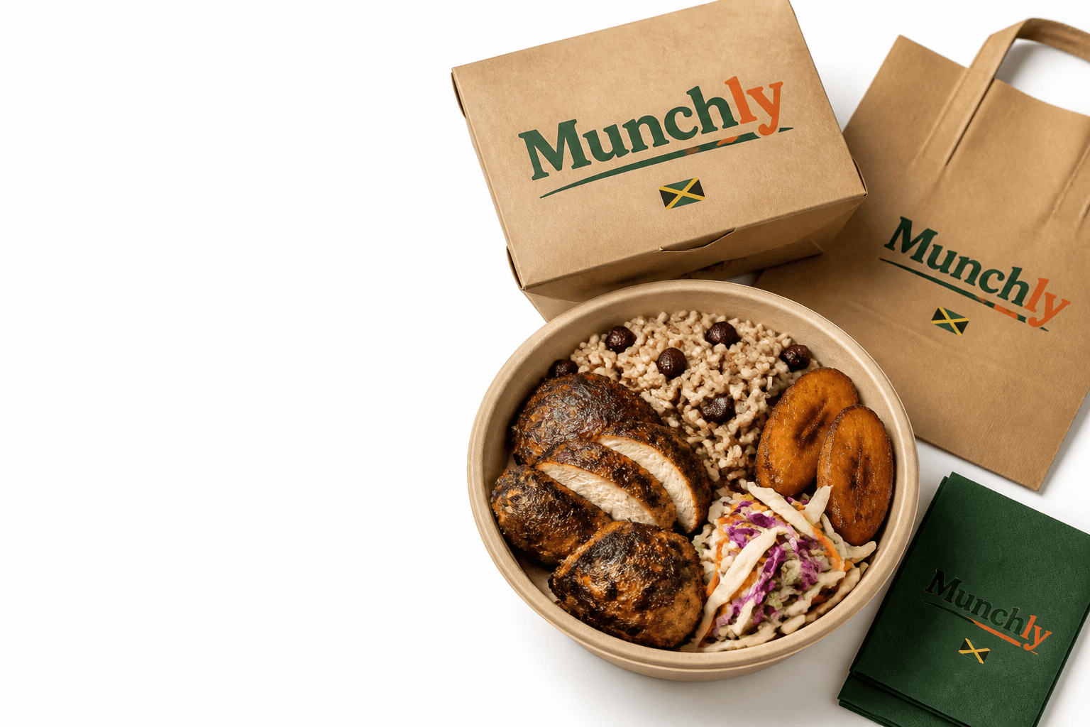Jamaican jerk chicken, rice and peas, plantain and slaw prepared for Munchly delivery