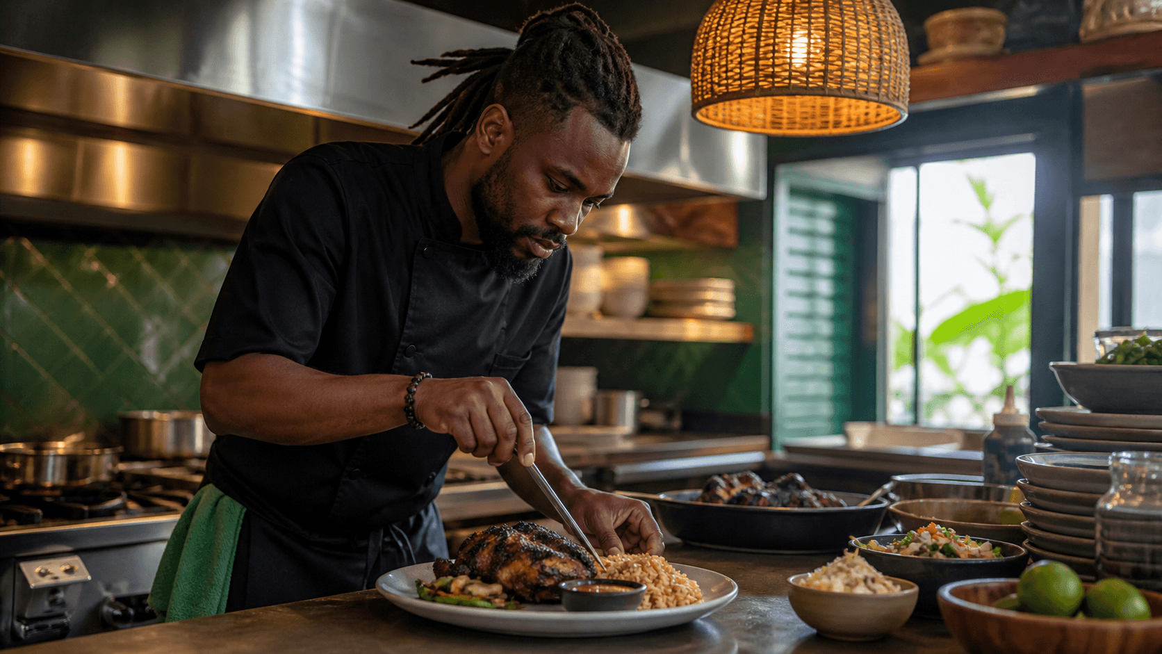 A Jamaican chef plating a restaurant meal